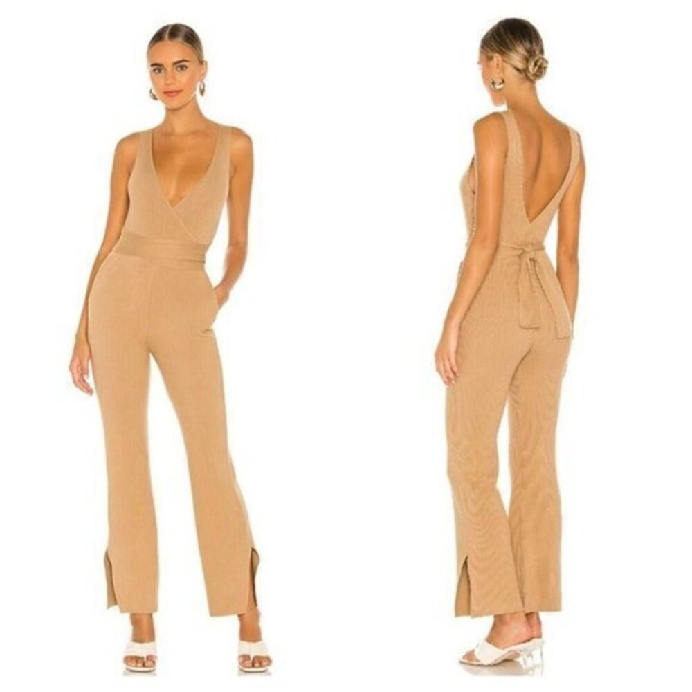 MAJORELLE Deep V Ribbed Jumpsuit - Camel